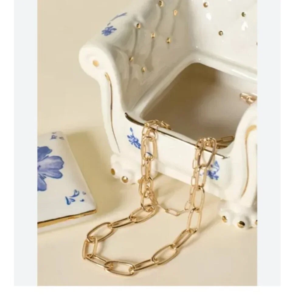 Urban Outfitters Ceramic Armchair Jewelry Box Holder White Blue Floral Unique